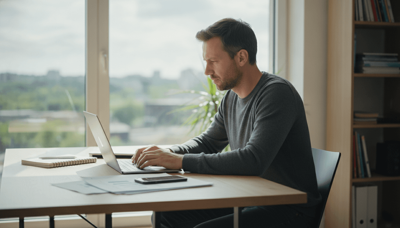 Ein Solo-Unternehmer arbeitet konzentriert an seinem Laptop in einem modernen Büro, umgeben von Notizbüchern und einem Smartphone. Er verwendet eine CRM-Software zur Kundenverwaltung.