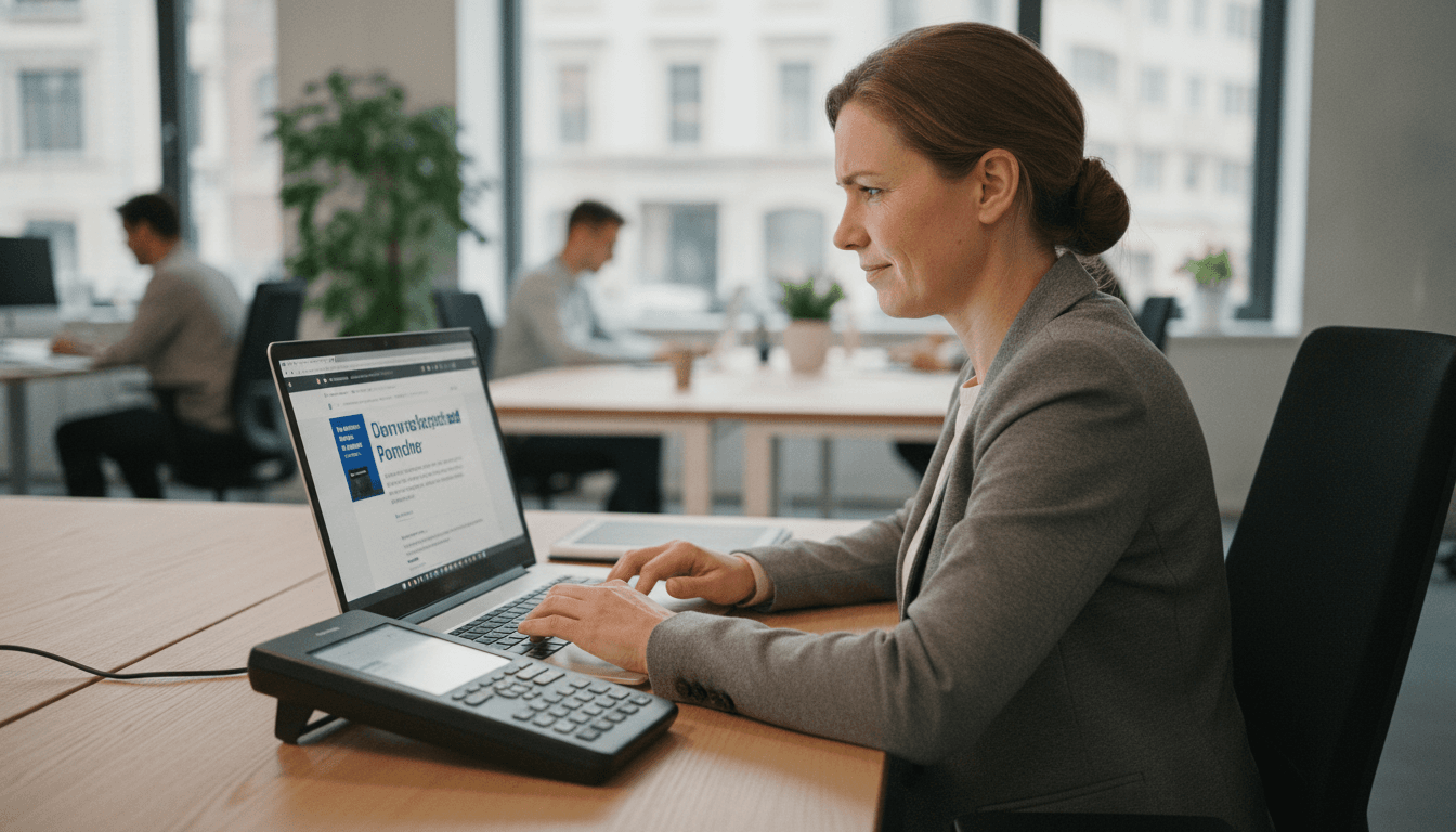 Eine Person mit Sehbehinderung navigiert mit einem Screenreader auf einem Laptop eine barrierefreie Website.