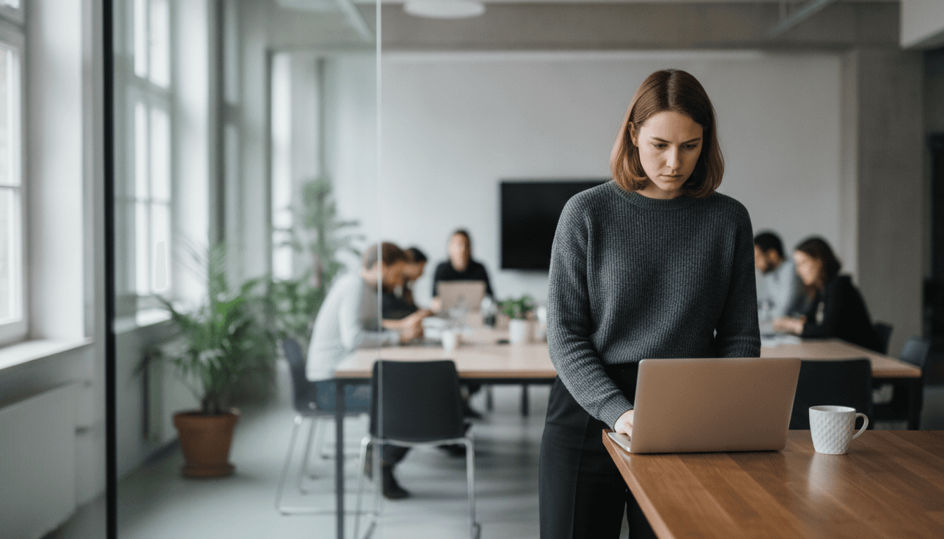 Junge Frau arbeitet am Laptop, konzentriert blickt sie auf den Bildschirm, vor ihr eine Tasse Kaffee. Sie sitzt in einem modernen Büro oder Co-Working-Space.