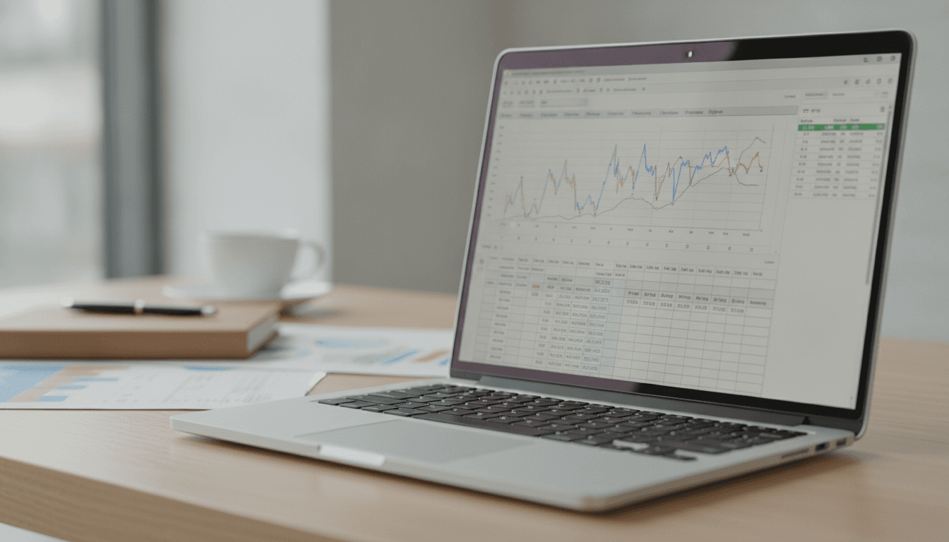 Nahaufnahme eines Laptops, der eine Finanzübersicht mit Diagrammen und Zahlen zeigt, daneben ein Notizbuch und eine Kaffeetasse, auf einem aufgeräumten Schreibtisch.
