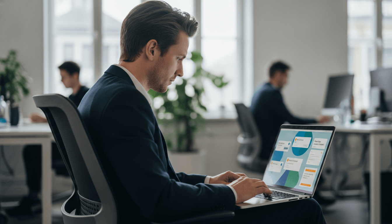 Eine Person, die an einem Laptop sitzt und konzentriert auf einen Bildschirm blickt, auf dem Grafiken und Textvorschläge für Social Media zu sehen sind. Im Hintergrund deuten unscharfe Elemente auf ein modernes Büro oder Coworking Space hin.