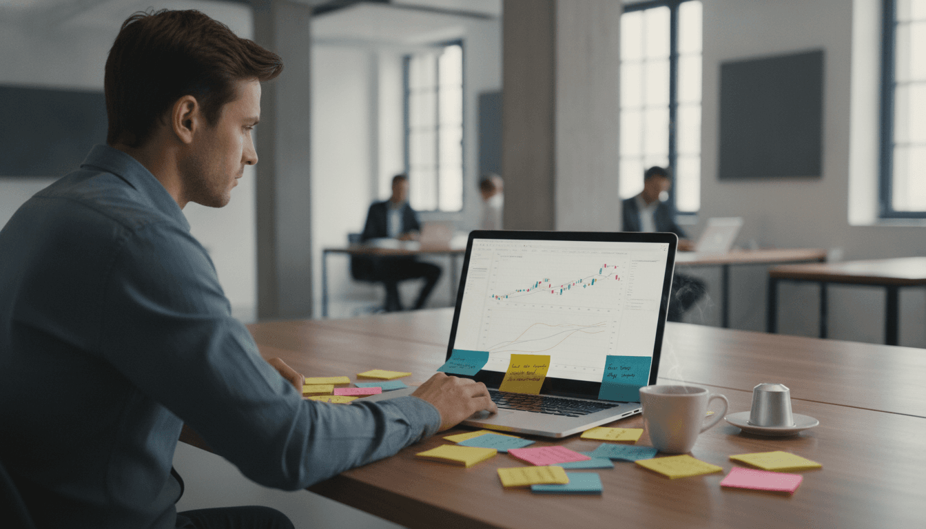 Eine Person sitzt vor einem Laptop und analysiert Diagramme auf dem Bildschirm, während sie Notizen macht.