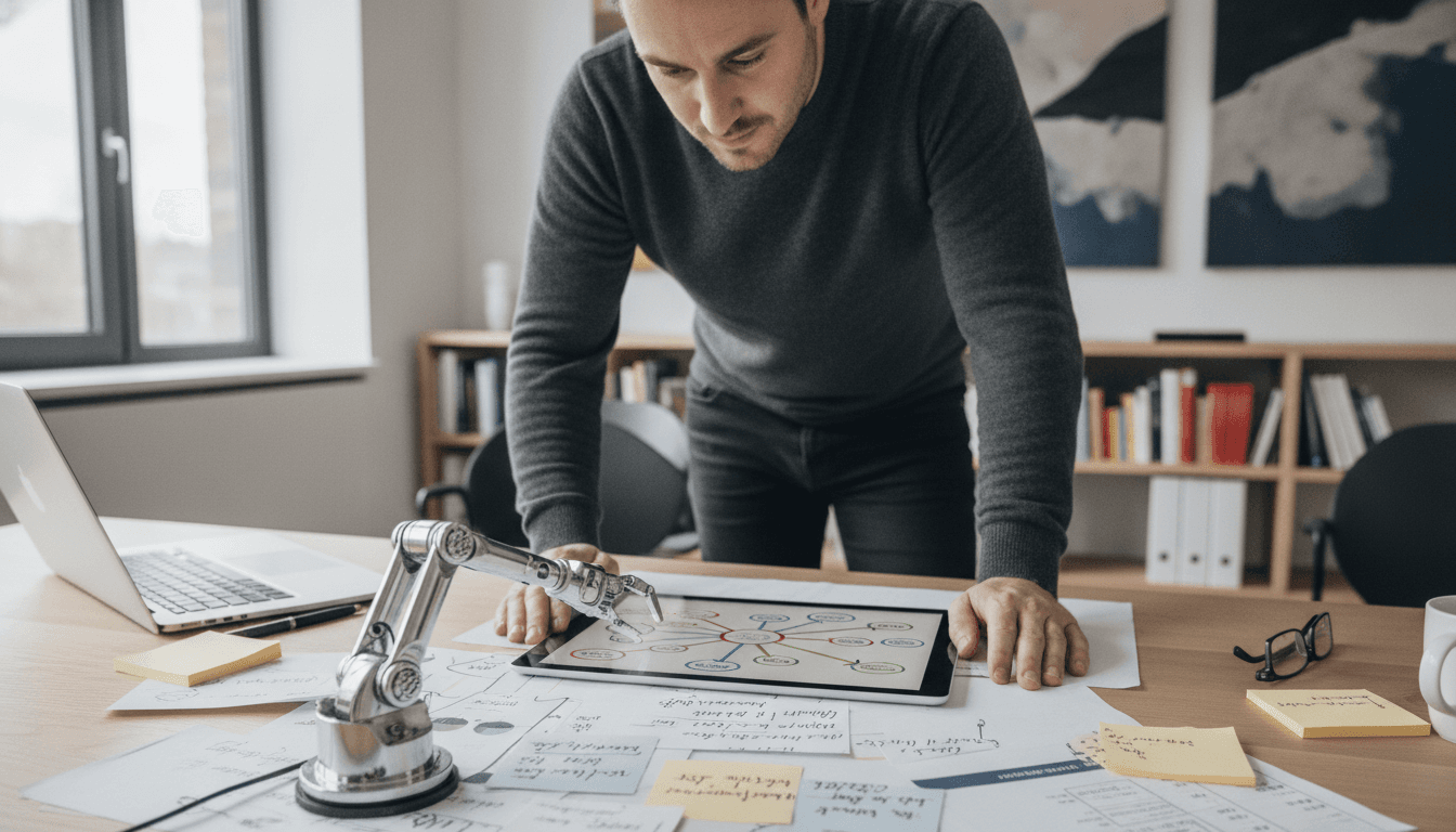 Eine Person sitzt an einem Schreibtisch, umgeben von Notizen und einem Laptop, und blickt nachdenklich auf ein Tablet, das eine mindmap-ähnliche Darstellung zeigt, während ein kleiner Roboterarm neben dem Bildschirm eine Idee symbolisiert.