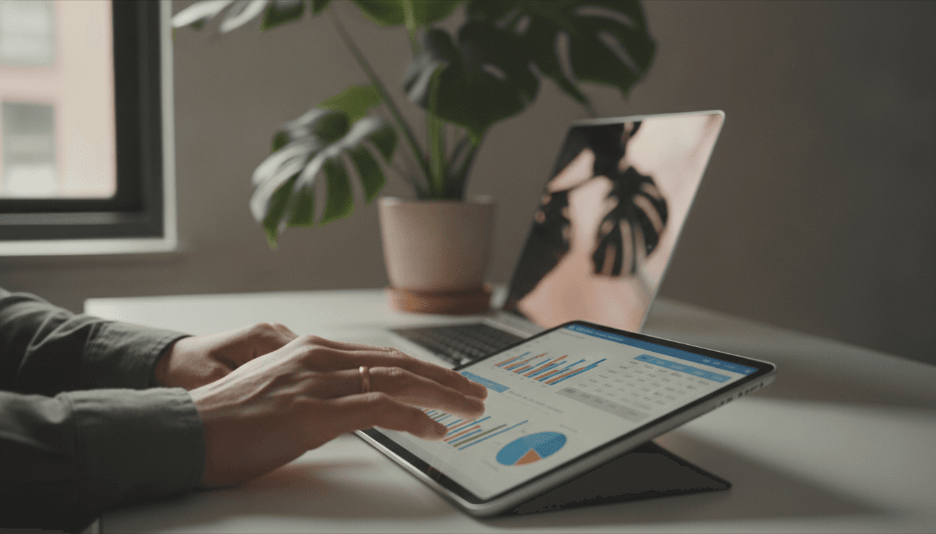 Nahaufnahme einer Hand, die auf einem Tablet digitale Dokumente anzeigt, im Hintergrund sind unscharf ein Laptop und eine Zimmerpflanze zu sehen. Die Szene vermittelt ein modernes, aufgeräumtes und umweltbewusstes Büro.