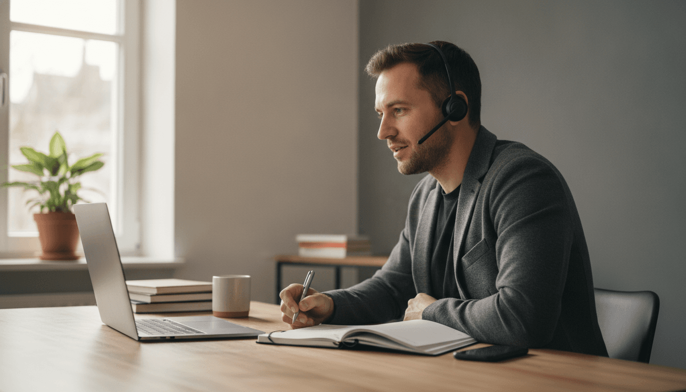 Ein Freiberufler sitzt an einem Schreibtisch mit Laptop und Headset und führt ein Videotelefonat, während er Notizen macht. Im Hintergrund ist ein aufgeräumtes Home-Office zu sehen.