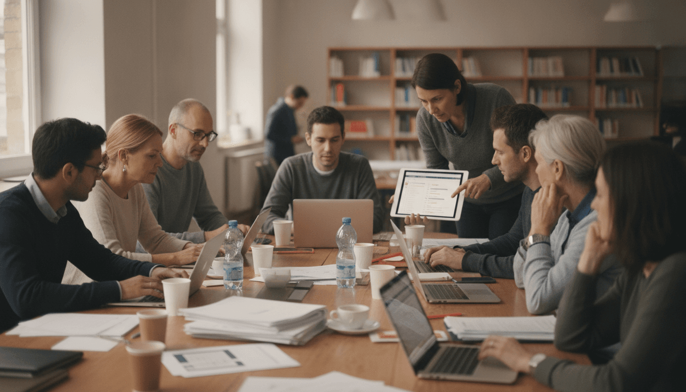 Ehrenamtliche Personen bei einem Projekttreffen, nutzen Laptops und Tablets für die digitale Aufgabenplanung in einem modernen Gemeinschaftsraum.