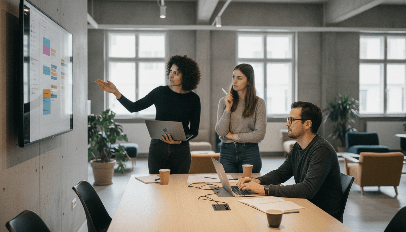 Drei Freelancer sitzen in einem modernen Co-Working Space vor Laptops und besprechen ein Projekt auf einem großen Bildschirm, der eine Projektmanagement-Software zeigt.