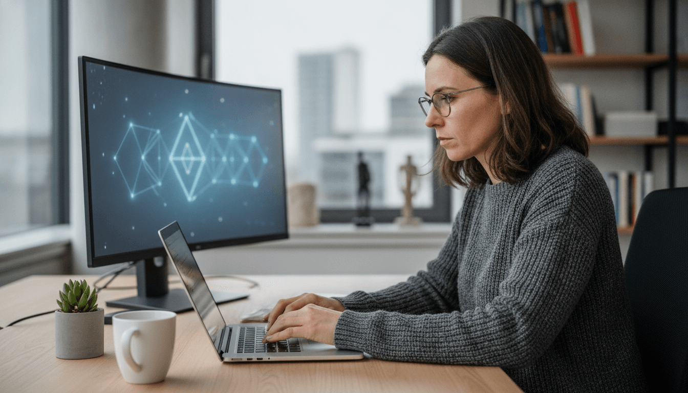 Eine selbstständige Frau sitzt an einem Schreibtisch und tippt konzentriert auf einer Tastatur, während ein leuchtender Bildschirm mit KI-Symbolen im Hintergrund zu sehen ist.