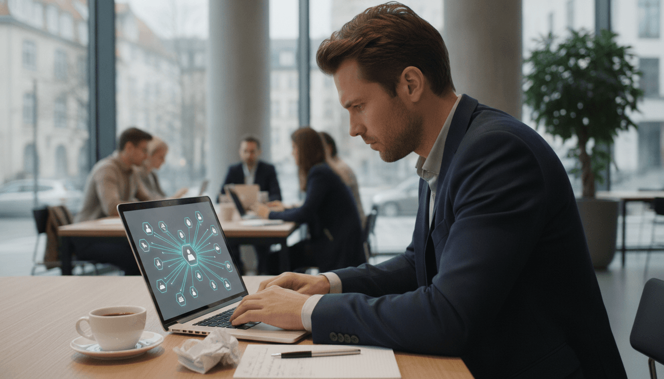 Eine Person arbeitet konzentriert an einem Laptop, auf dem Bildschirm sind Diagramme und verbundene App-Symbole zu sehen, daneben stehen Kaffee und Notizen.