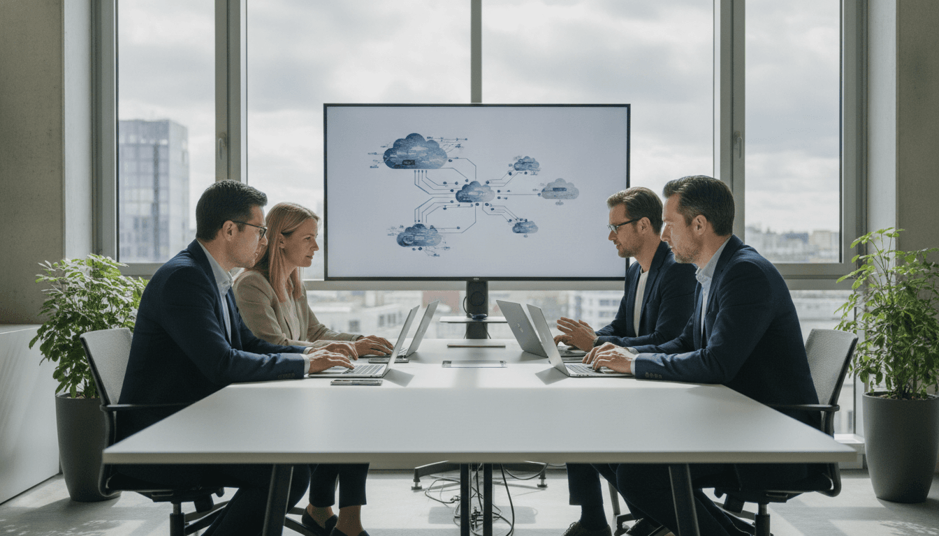 Eine Gruppe von vier Personen sitzt in einem modernen Büro vor Bildschirmen und bespricht strategische Cloud-Lösungen, mit Whiteboards im Hintergrund.