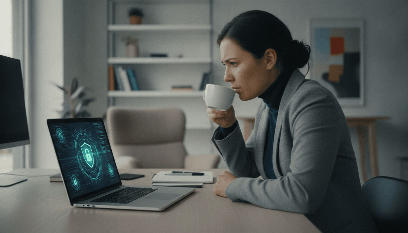 Nahaufnahme einer weiblichen Solo-Unternehmerin, die mit ernstem Blick und konzentriert auf einen Laptop-Bildschirm schaut, auf dem ein Schlosssymbol und Code zu sehen ist, im Hintergrund ein Home-Office-Setup.