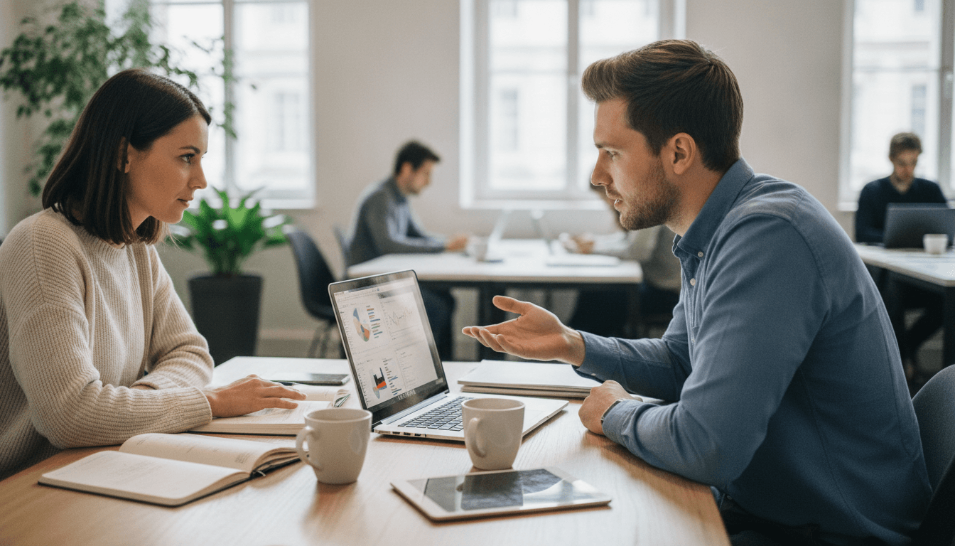 Eine Freelancerin sitzt in einem modernen Co-Working-Space vor einem Laptop und analysiert Daten auf einem Dashboard, während sie sich mit einem Kollegen über digitale Strategien austauscht.