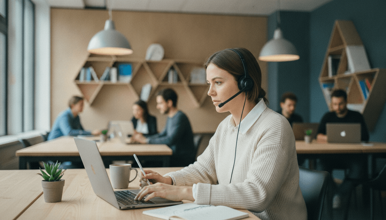 Eine junge Freelancerin telefoniert professionell über ein Headset an ihrem Laptop in einem modernen Coworking Space.