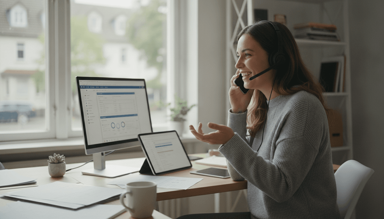 Eine junge Frau im Homeoffice, lächelt und telefoniert mit Headset vor ihrem Laptop, auf dem ein CRM-Dashboard zu sehen ist.