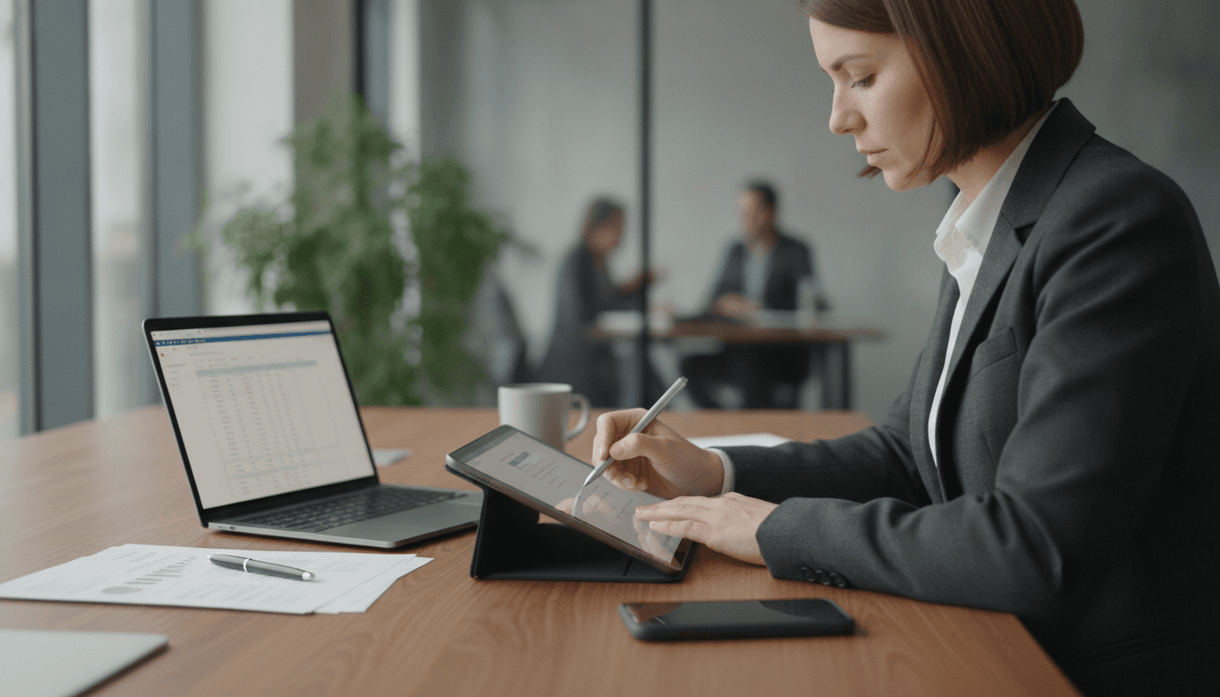Eine Person unterschreibt digital auf einem Tablet, während ein Laptop und ein Smartphone auf einem modernen Schreibtisch liegen.