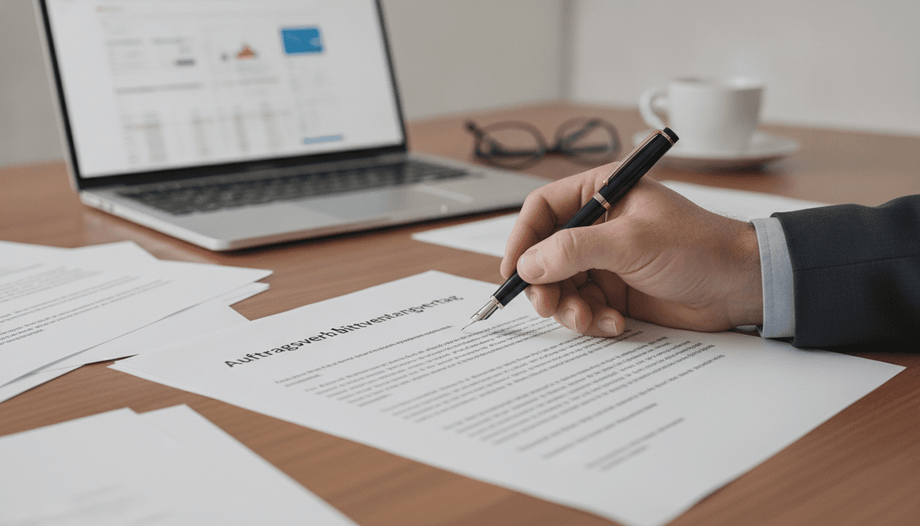 Eine Hand hält einen Stift über einem Vertrag, auf dem "Auftragsverarbeitungsvertrag" steht, während im Hintergrund ein Laptop mit digitalen Dokumenten zu sehen ist.