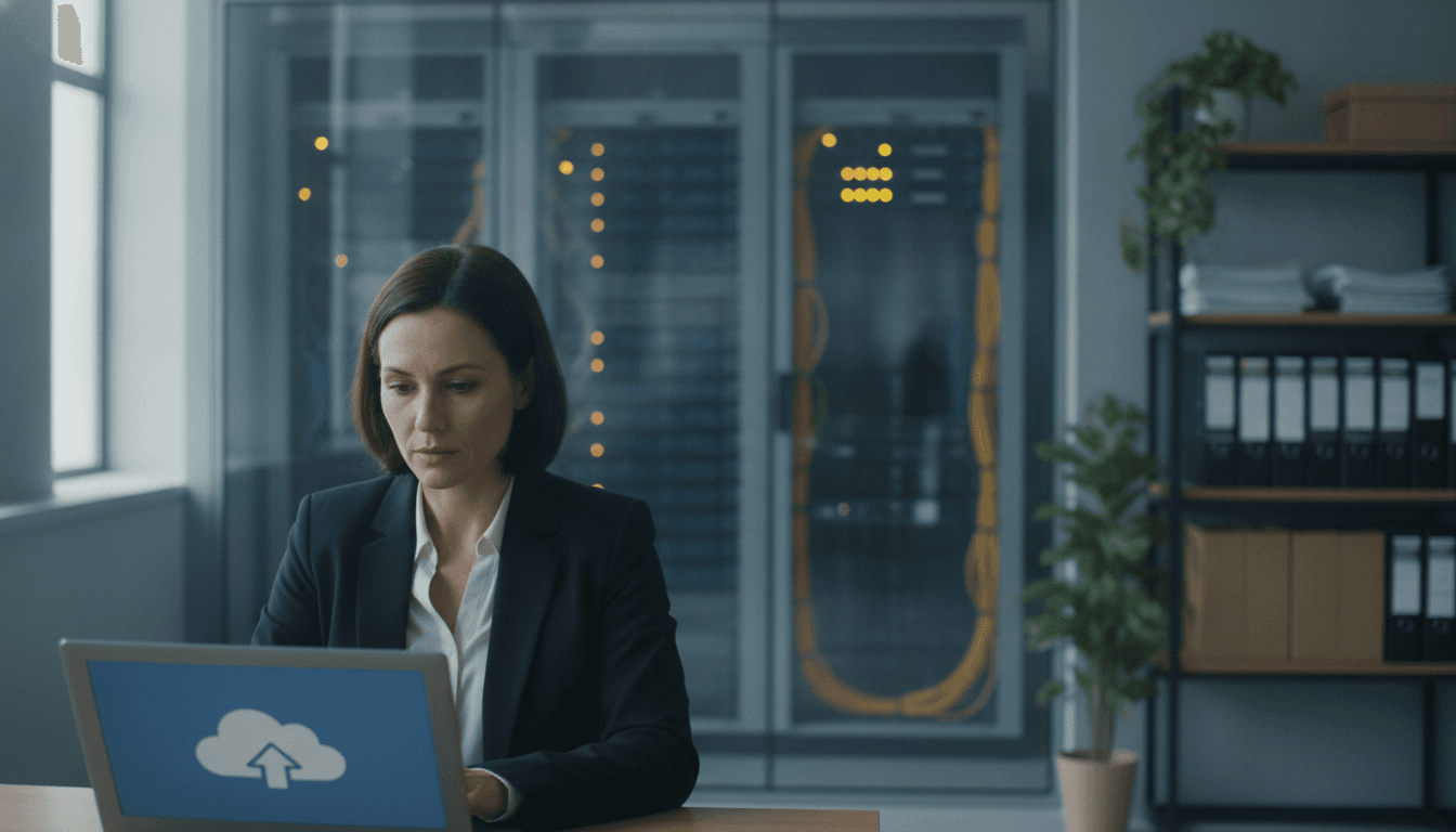 Eine Frau sitzt konzentriert an einem Laptop in einem modernen Büro und blickt auf den Bildschirm, auf dem eine Cloud-Symbolik zu sehen ist. Im Hintergrund sind Aktenordner und Server-Racks angedeutet.
