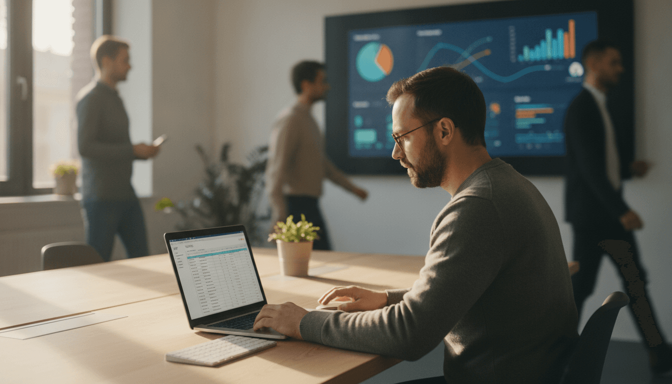 Ein Freiberufler sitzt an einem Laptop und überprüft digitale Rechnungen, während im Hintergrund ein Diagramm zur Effizienzsteigerung angezeigt wird.