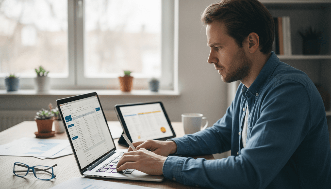 Ein selbstständiger Unternehmer sitzt am Schreibtisch, umgeben von Laptop, Tablet und einigen digitalen Belegen auf dem Bildschirm, konzentriert bei der Eingabe von Steuerdaten.